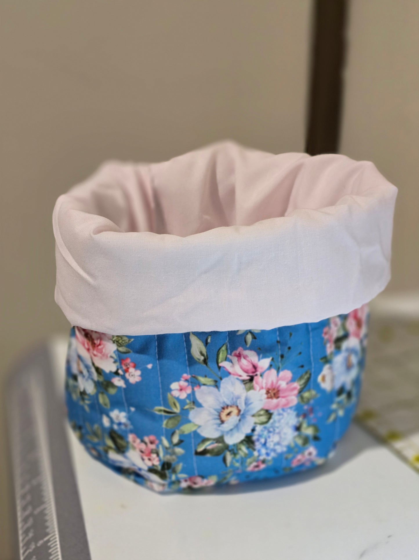 blue floral with pink interior
